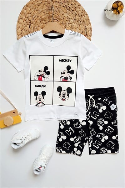 Mickey Mouse Baskılı Erkek Çocuk Şortlu Takım Siyah Beyaz