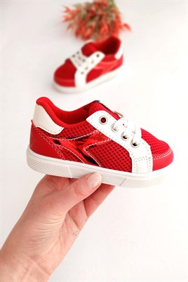 Bağcıklı Fileli Çocuk Spor Ayakkabı Kırmızı Beyaz