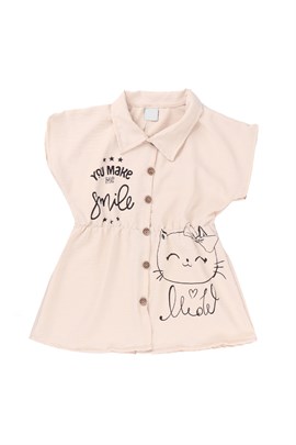 Kedi Baskılı Düğmeli Kız Çocuk Elbise Bej