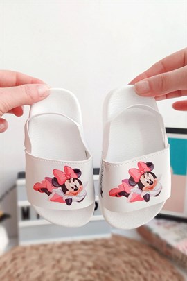 Minnie Mouse Baskılı Arkası Lastikli Çocuk Sandalet Beyaz Pembe
