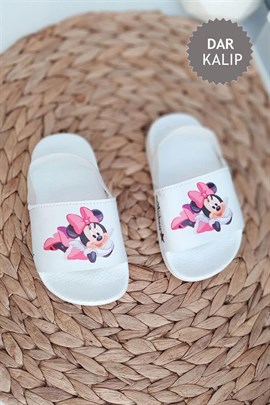 Minnie Mouse Baskılı Arkası Lastikli Çocuk Sandalet Beyaz Pembe