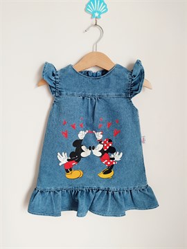 Minnie Mouse Baskılı Kız Çocuk Elbise Mavi