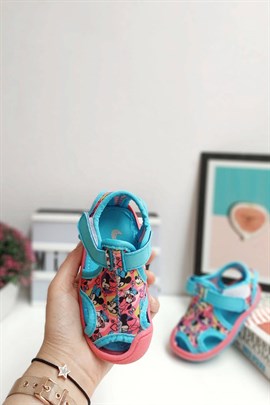 Minnie Mouse Baskılı Yapışkanlı Çocuk Sandalet Mavi Pembe