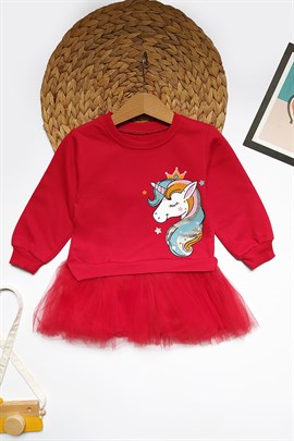 Unicorn Baskılı Çocuk Sweat Elbise Kırmızı