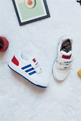 Yanı Çizgili Yapışkanlı Çocuk Spor Ayakkabı Beyaz Mavi