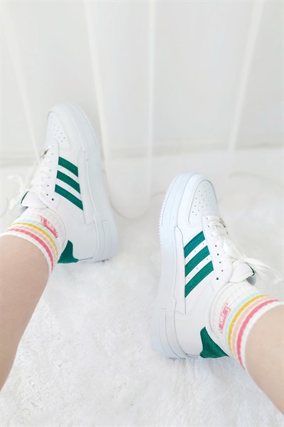 Yanı Çizgili Yüksek Taban Spor Ayakkabı Beyaz Yeşil
